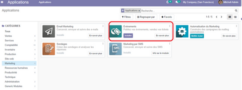 Installation de l’application gestion des évènements : Installation de l’application Evènement Odoogestion des évènements :