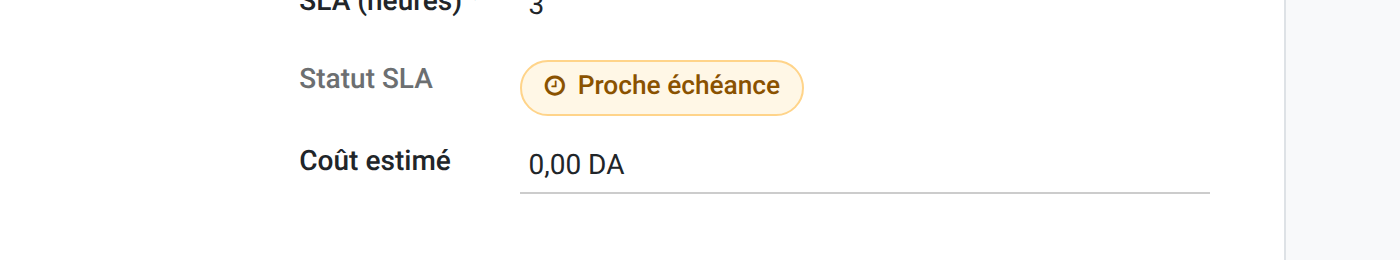 Widget SLA Badge en état warning — pastille orange avec icône clock