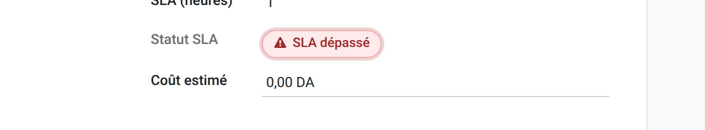 Widget field OWL custom sla_badge en état breach — pastille rouge avec icône d'alerte et animation pulse