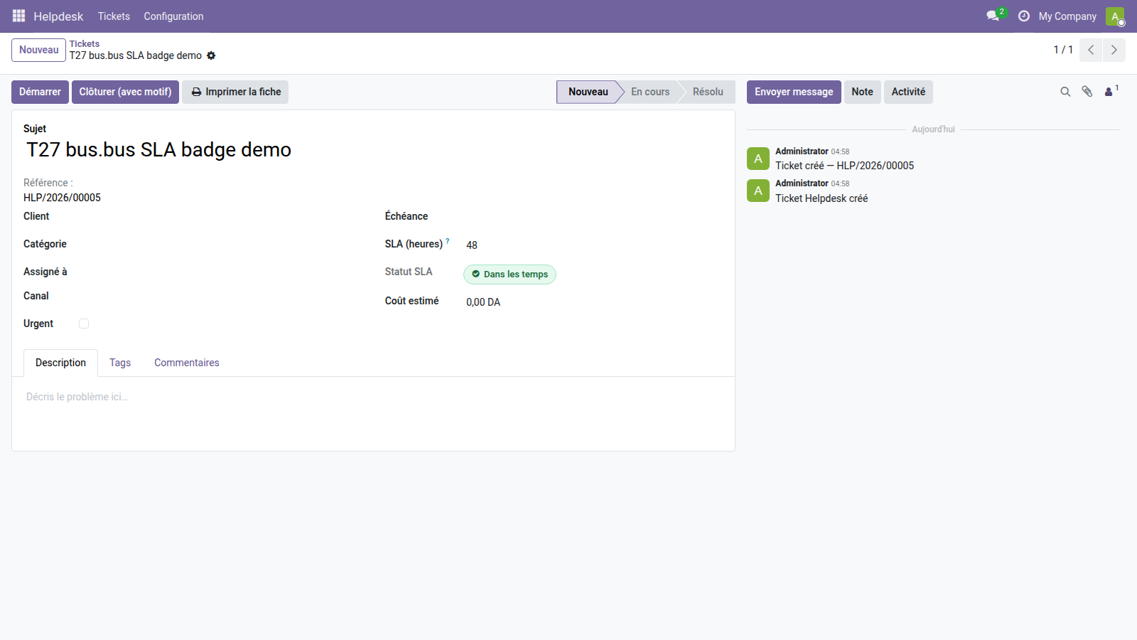 Ticket helpdesk Odoo 19 — widget sla_badge en état initial, pastille verte 'Dans les temps' avec SLA 48 heures