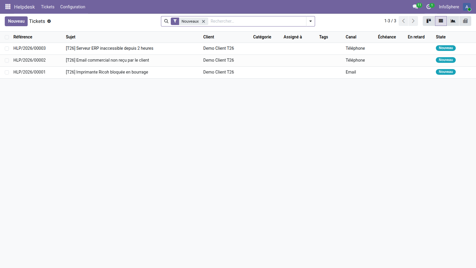 Interface Odoo 19 — vue liste Helpdesk sur VPS 8077 base odooskills_demo_v19, 3 tickets T26 visibles, colonnes standards de la vue liste