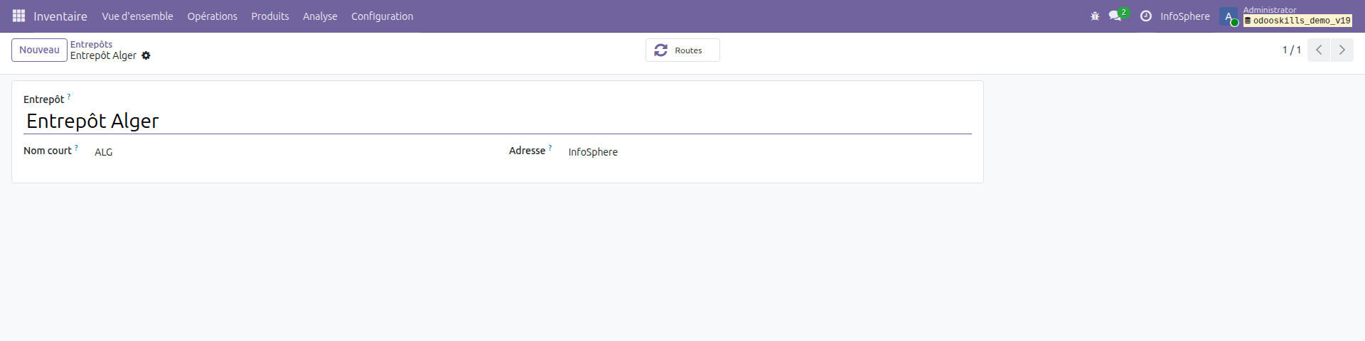 Formulaire Entrepôt Alger — code ALG, adresse InfoSphere