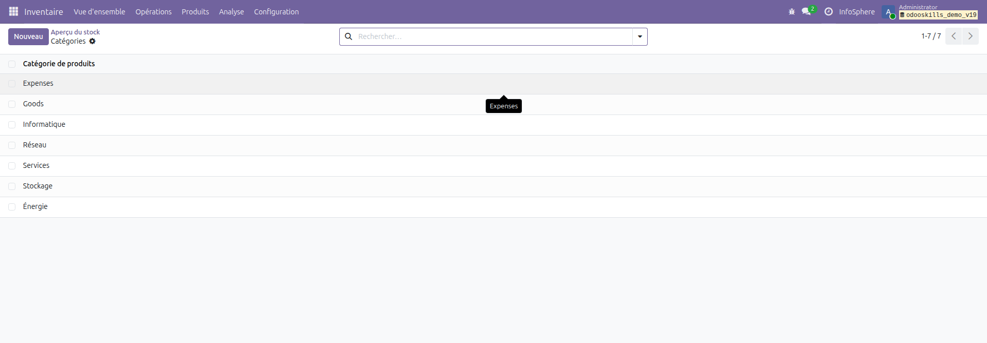 Catégories de produits Odoo 19