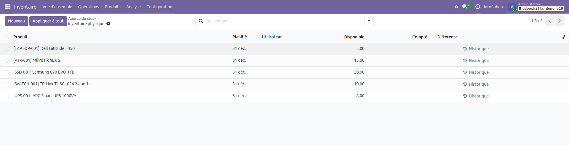 Inventaire physique Odoo 19 — 5 produits avec quantités