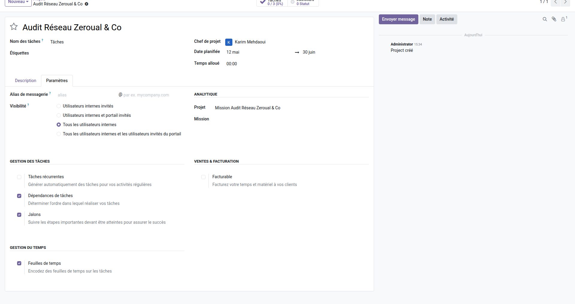 Formulaire création projet Audit Réseau dans Odoo CE v19