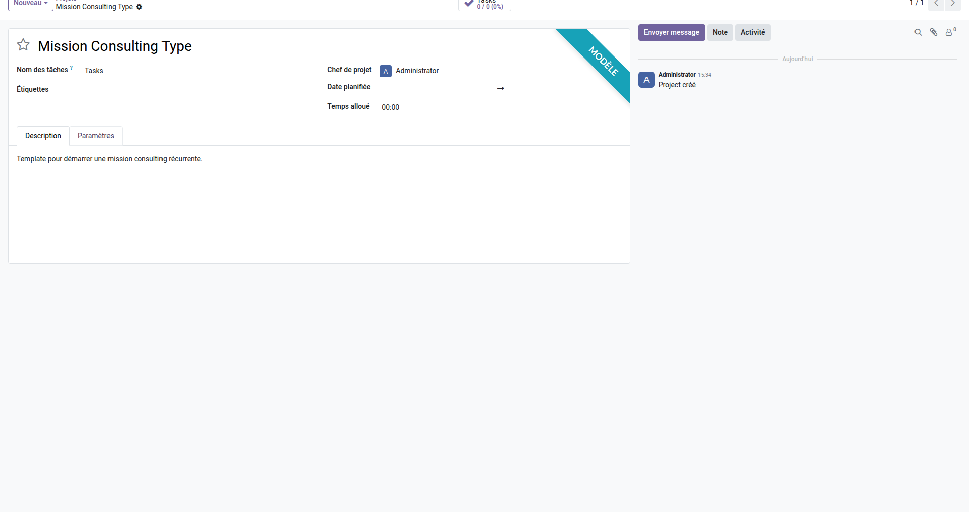 Projet template 'Mission Consulting Type' avec case Modèle (is_template=True) cochée
