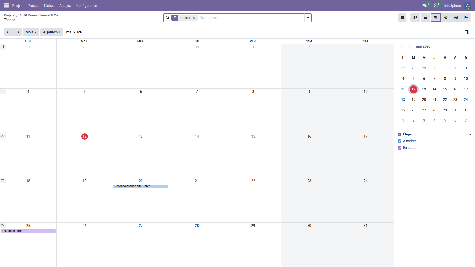 Vue calendrier mensuelle de la mission Audit Réseau avec 3 tâches positionnées sur les bonnes dates