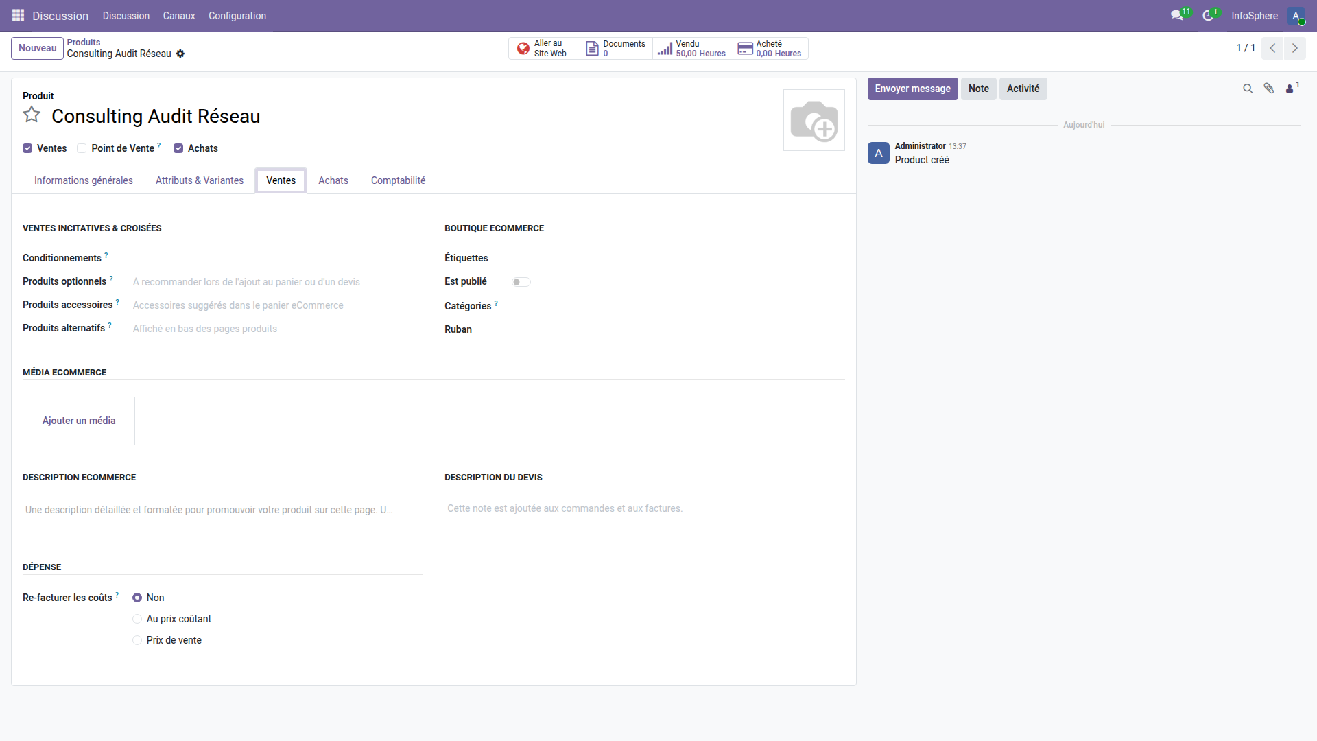 Form du produit service Consulting Audit Réseau, onglet Ventes ouvert montrant 50 heures vendues et configuration service
