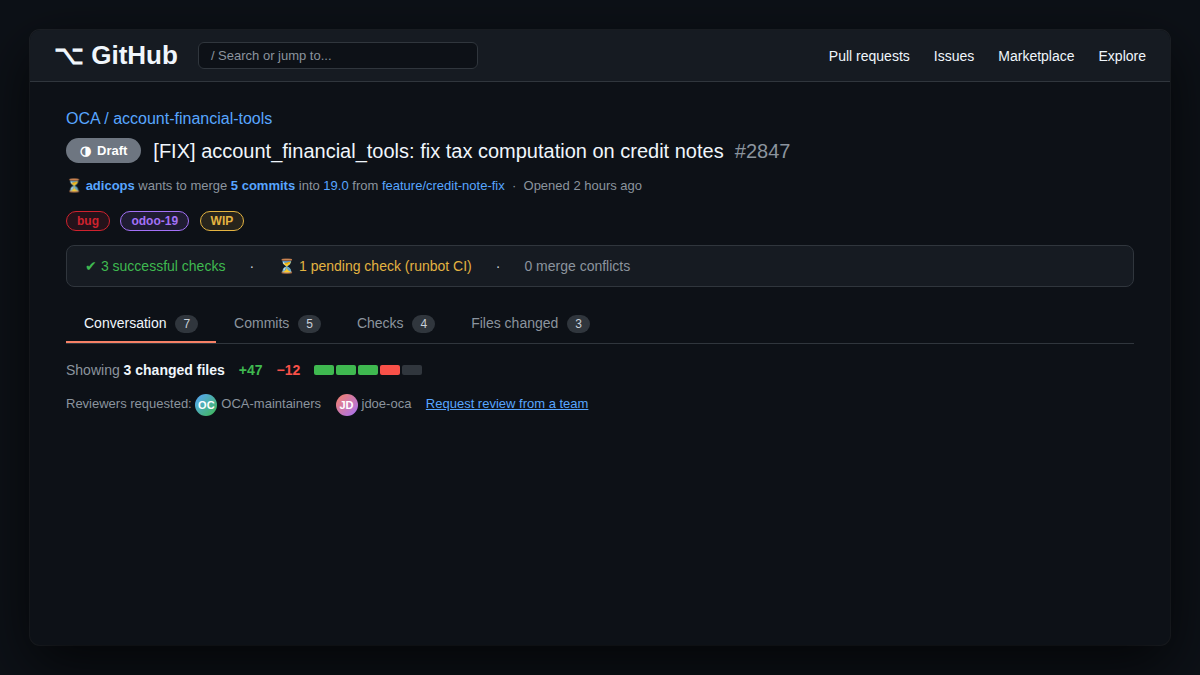 Page GitHub d'une pull request OCA en mode draft, avec badge gris 'Draft' et état CI en attente