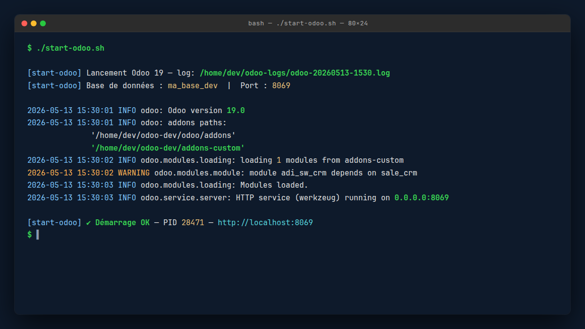 Terminal exécutant start-odoo.sh sur Ubuntu 24.04 avec lignes INFO Odoo loaded modules, WARNING dépendances optionnelles, et début d'écoute HTTP sur le port 8069