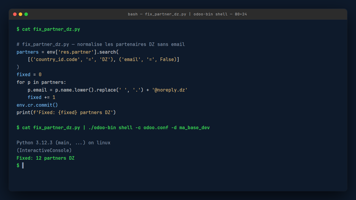 Terminal Ubuntu affichant le résultat d'un script Python piped via cat fix_partner_dz.py | odoo-bin shell, avec la ligne de sortie Fixed: 12 partners DZ