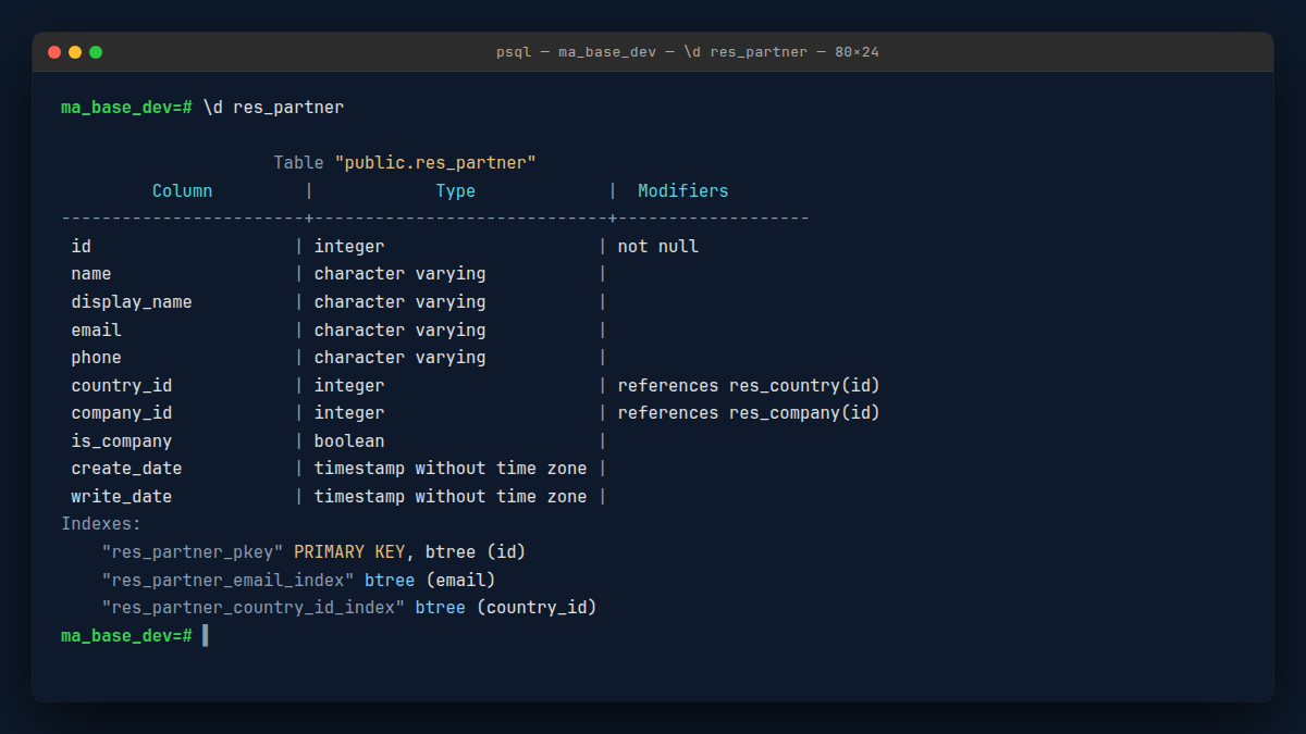 Terminal psql affichant l'output de la méta-commande backslash-d sur res_partner avec colonnes id, name, email, country_id et liste d'index