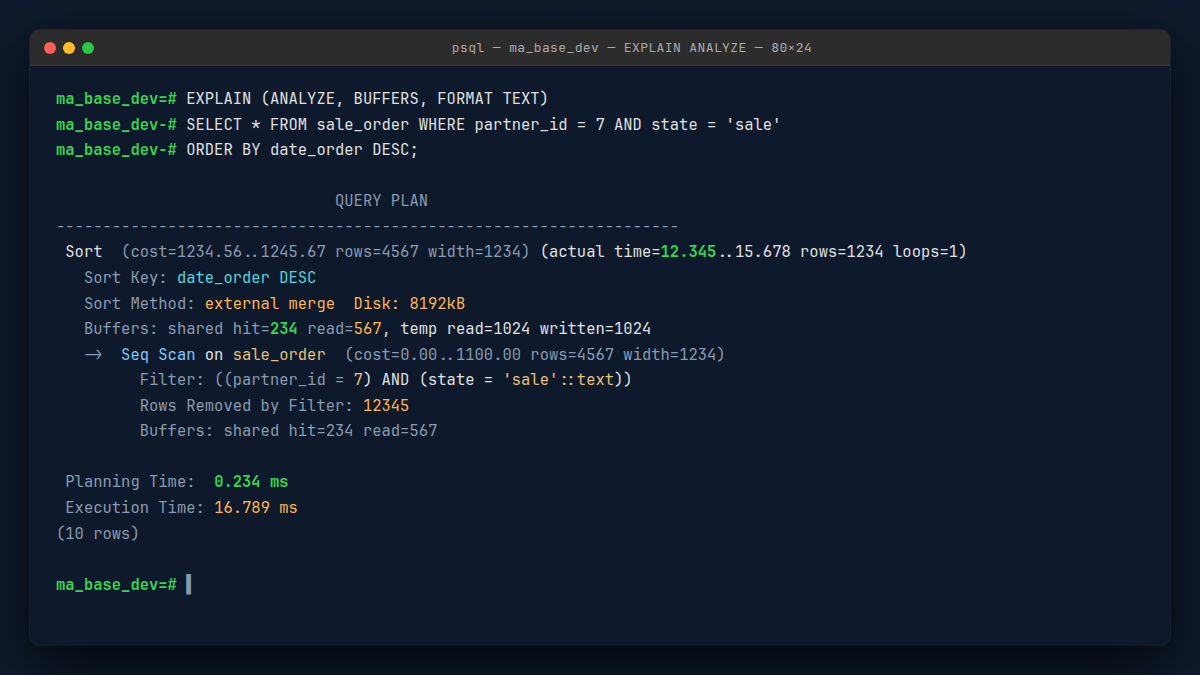 Output EXPLAIN ANALYZE sur sale_order montrant un Seq Scan avec Execution Time élevé puis bascule en Index Scan après création d'index composite