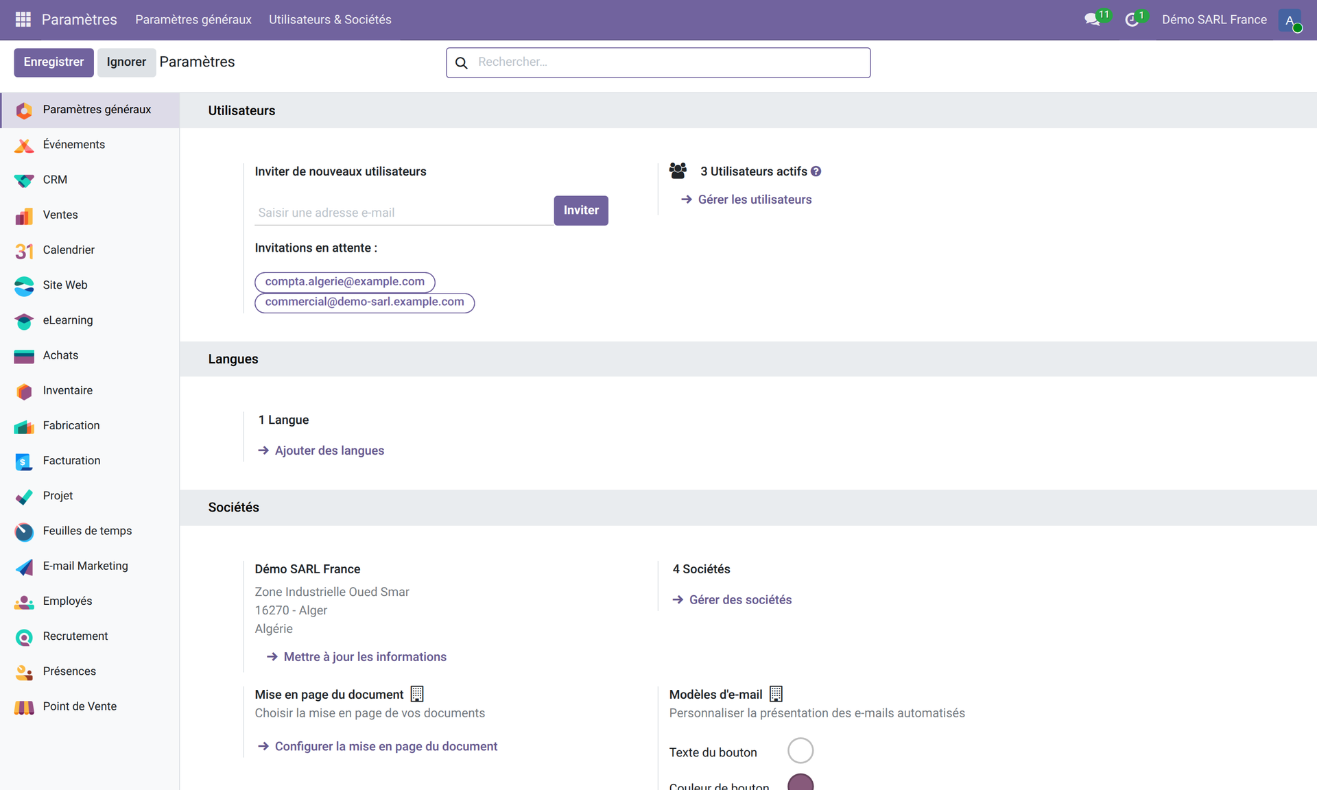 Page Paramètres généraux Odoo 19 — mode développeur disponible en bas de page