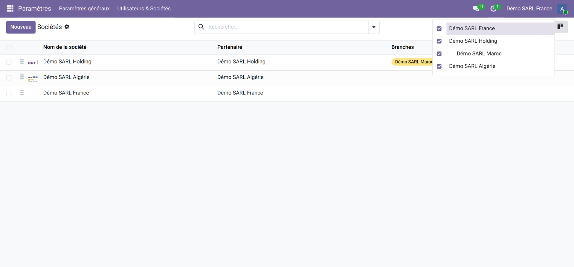 Switcher topbar dans Odoo 19 — 4 sociétés visibles avec indentation hiérarchique