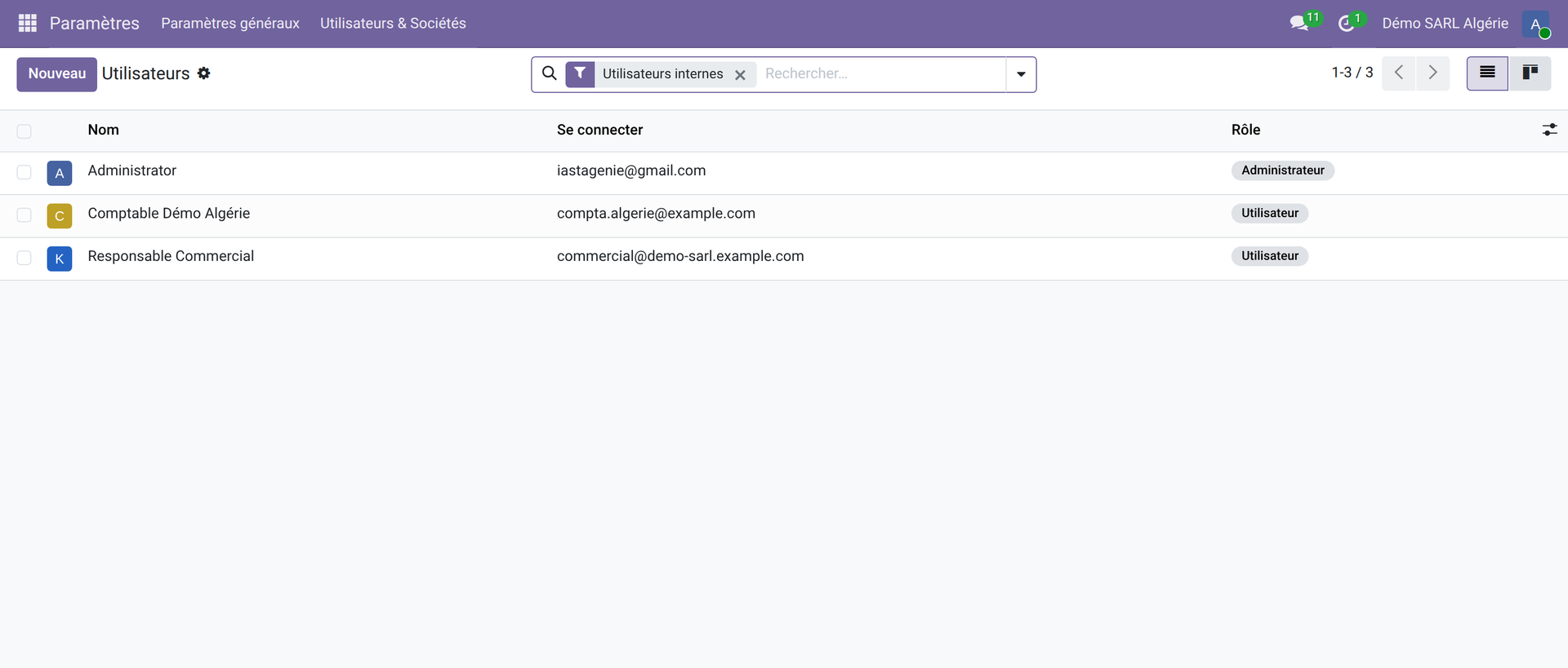 Liste des utilisateurs internes dans Odoo 19 — filtre par défaut