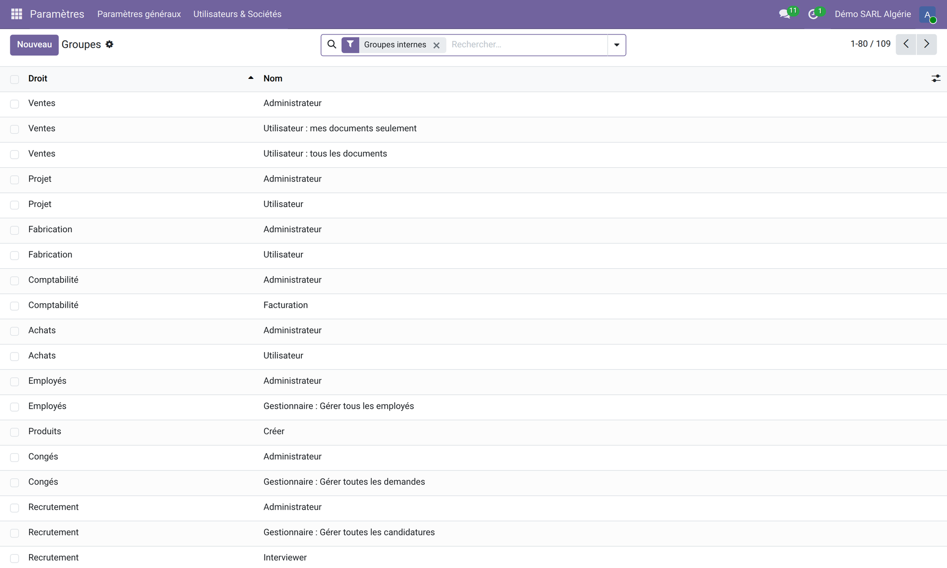 Liste des groupes internes Odoo 19 — colonnes Droit/Nom