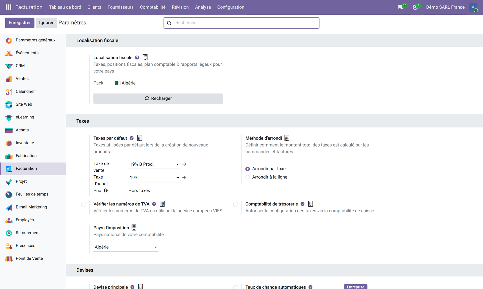 Settings Facturation — Localisation fiscale Algérie, taxes par défaut, devise DZD