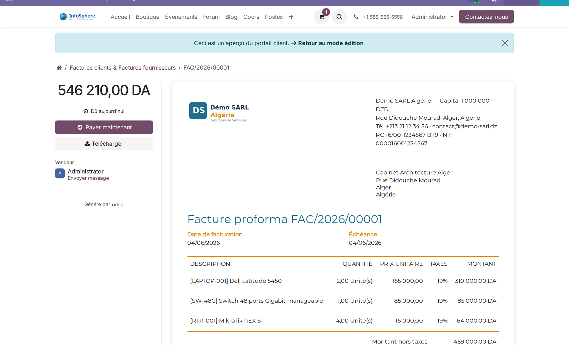Aperçu PDF d'une facture algérienne — agencement Boxed, logo de la société, titre en couleur primaire, bloc coordonnées avec RC et NIF, lignes produits avec TVA 19 %, RIB en pied de page