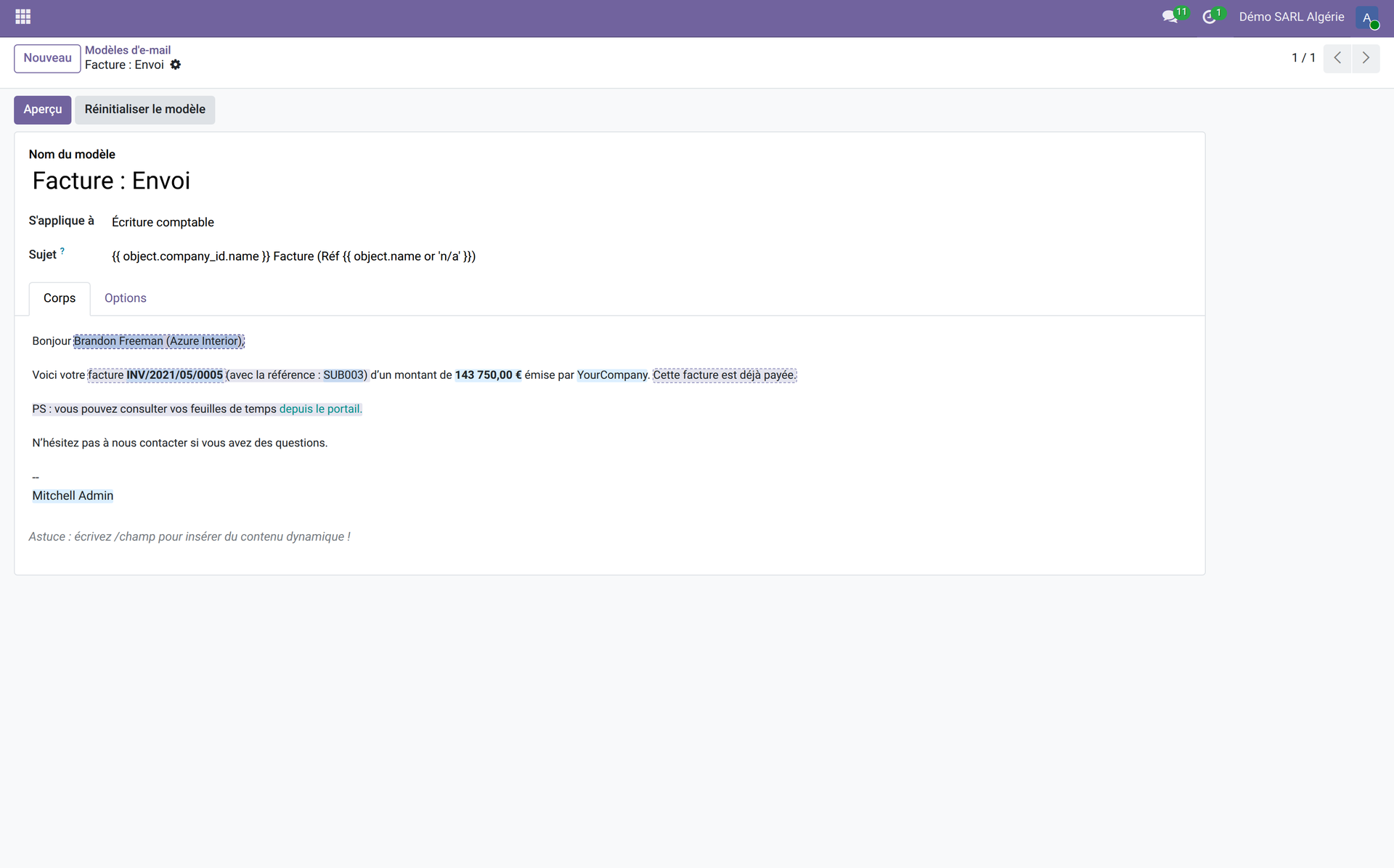 Modèle d'e-mail Facture : Envoi — s'applique à Écriture comptable, sujet avec placeholders dynamiques object.company_id.name et object.name, corps du message, astuce slash-champ pour insérer du contenu dynamique