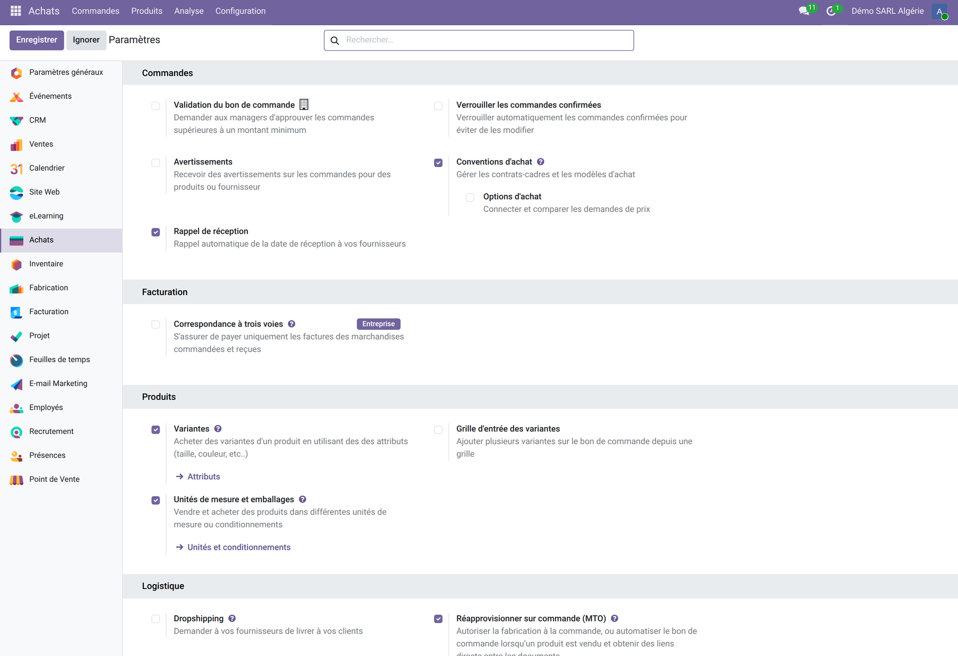 Écran Paramètres de l'app Achats — Validation du bon de commande au-delà d'un montant, Verrouiller les commandes confirmées, Conventions d'achat pour contrats-cadres, et Correspondance à trois voies marquée d'un badge Entreprise