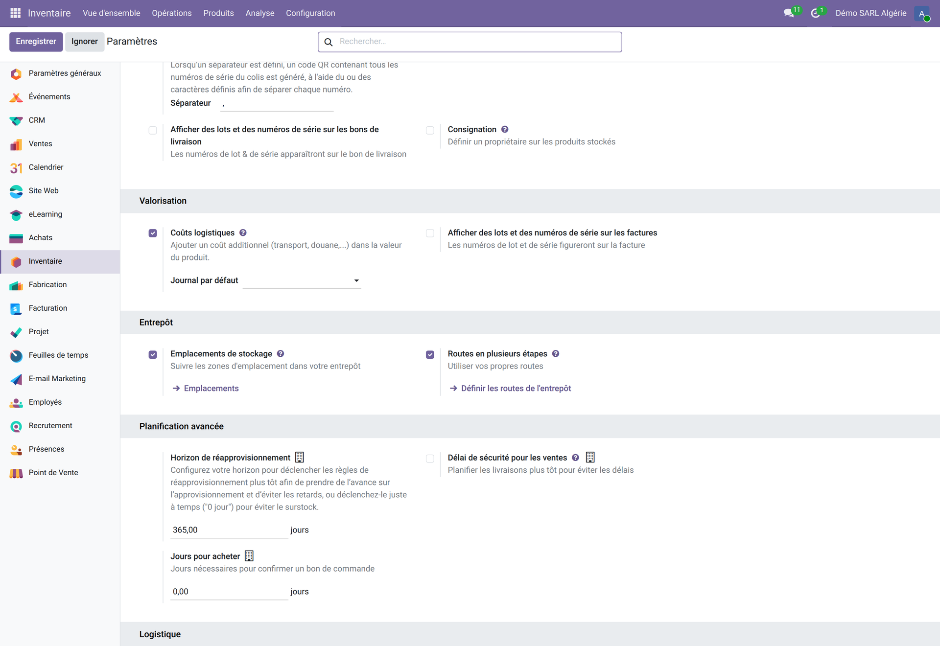Écran Paramètres de l'app Inventaire — section Entrepôt avec Emplacements de stockage et Routes en plusieurs étapes activés, section Valorisation avec Coûts logistiques, options de traçabilité par lots et numéros de série