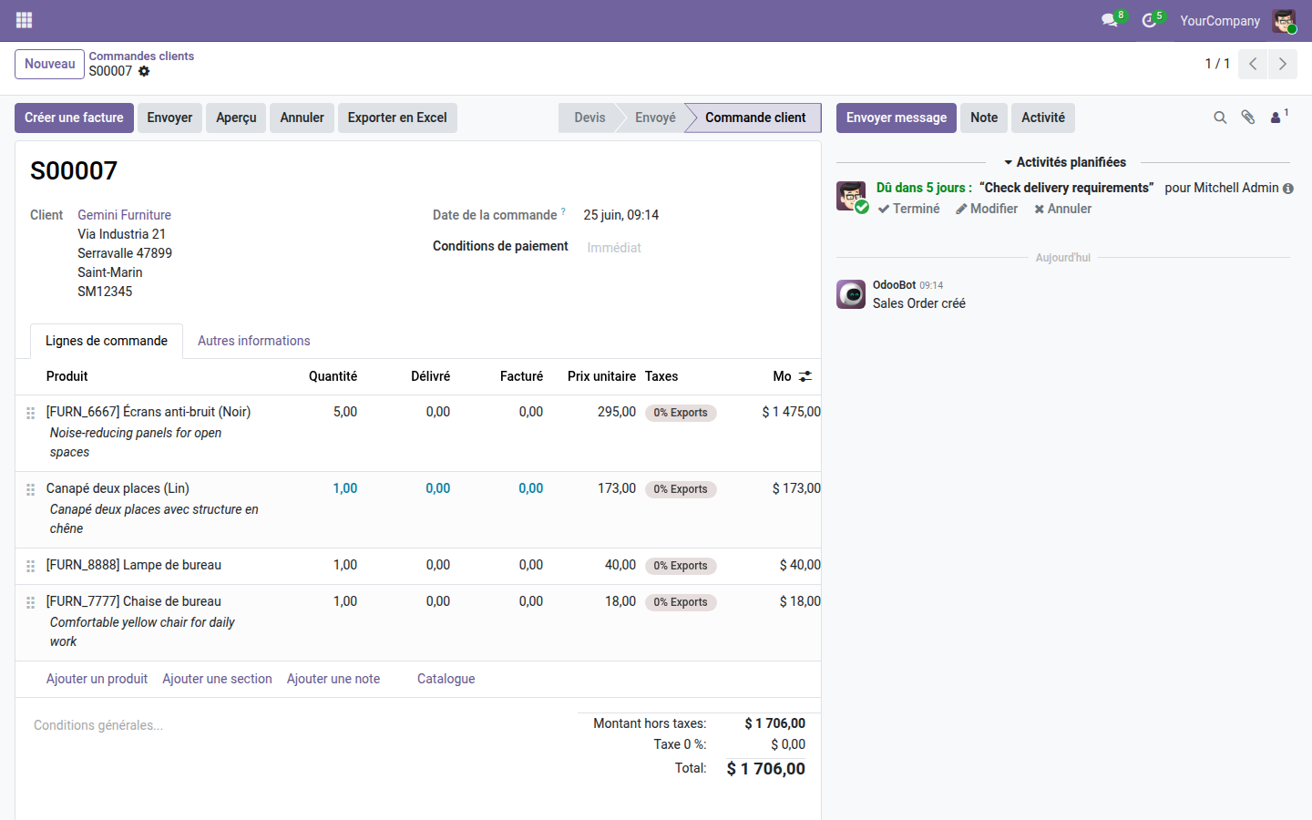 Bouton Exporter en Excel dans l'en-tête d'une commande de vente Odoo 19