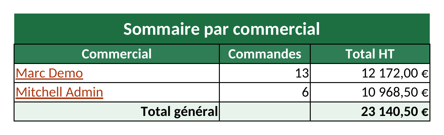 Feuille Sommaire d'un classeur Excel Odoo : tableau Commercial / Commandes / Total HT, noms en liens internes soulignés et ligne Total général
