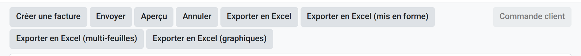 En-tête d'une commande de vente Odoo 19 avec le bouton Exporter en Excel (graphiques) aux côtés des boutons des articles précédents