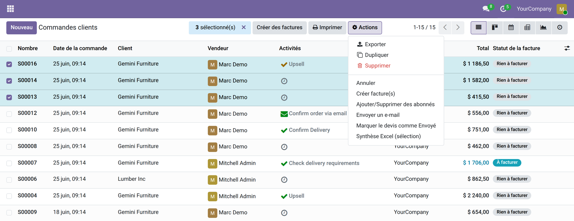 Liste des commandes de vente Odoo 19, trois lignes cochées, menu Actions ouvert montrant l'entrée Synthèse Excel (sélection)