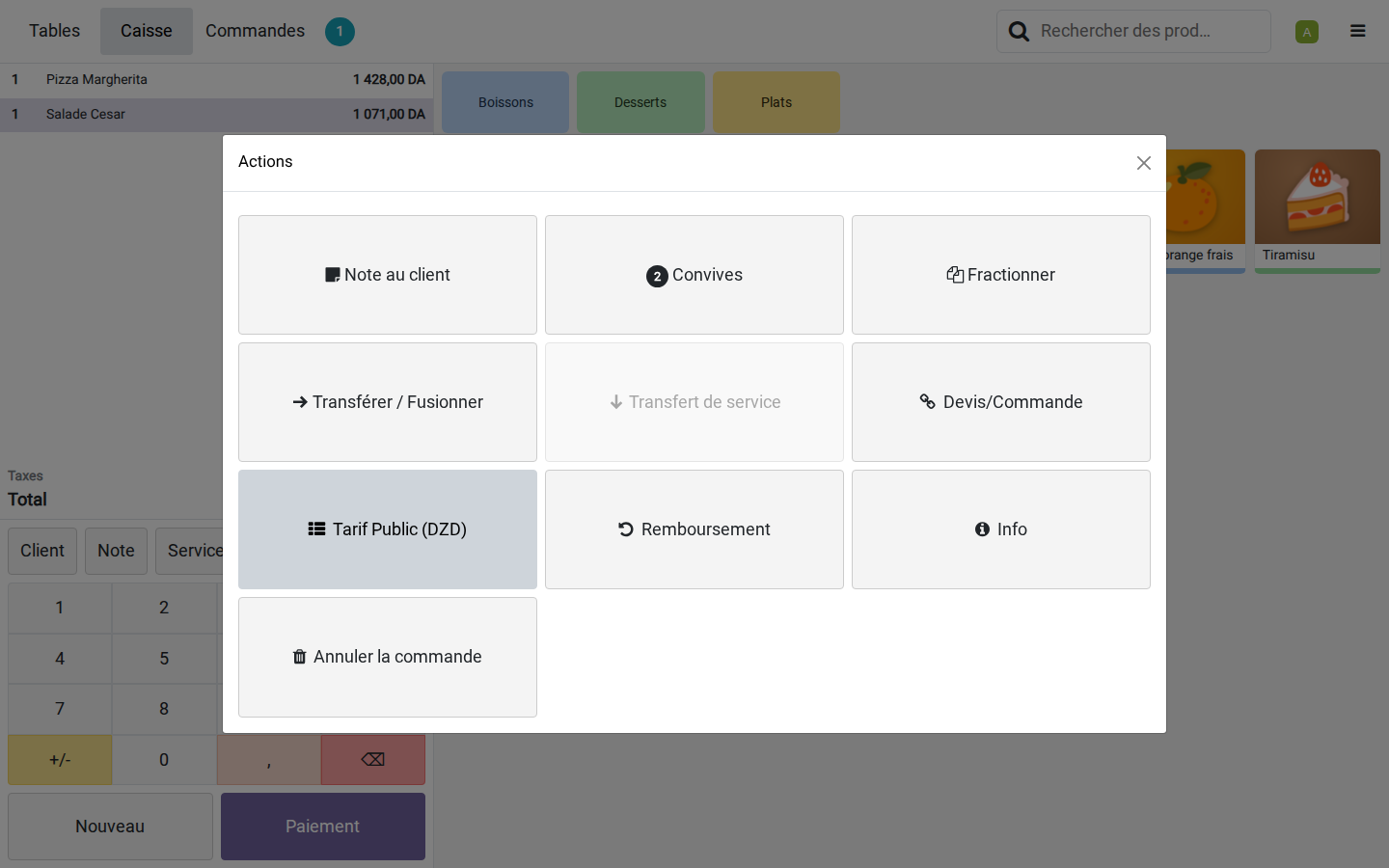 Menu Actions de la commande avec le bouton Transférer Fusionner, ainsi que Convives et Fractionner