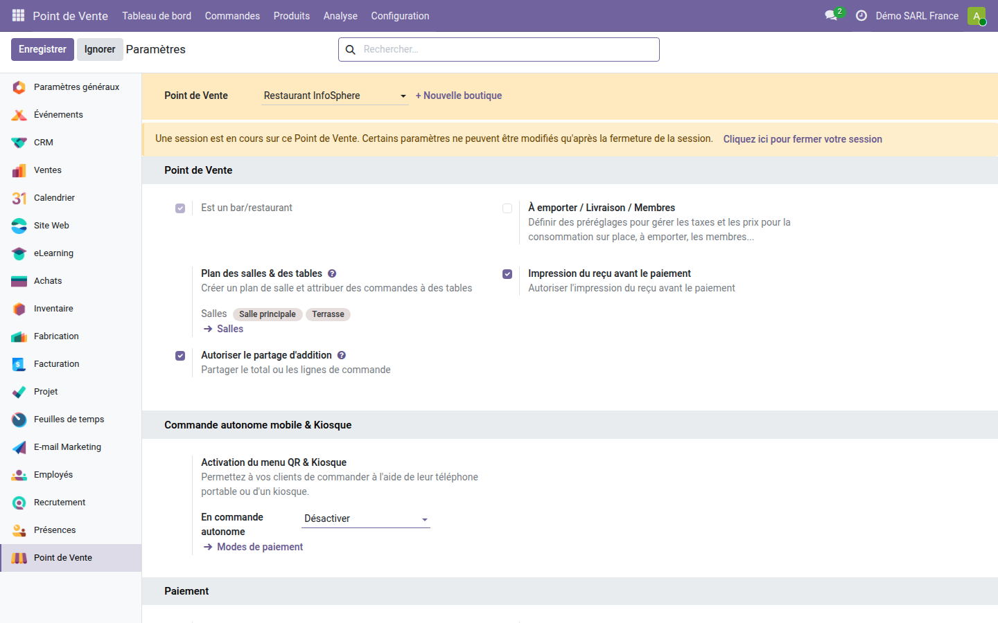 Paramètres du point de vente avec Impression du reçu avant le paiement et Autoriser le partage d'addition cochés