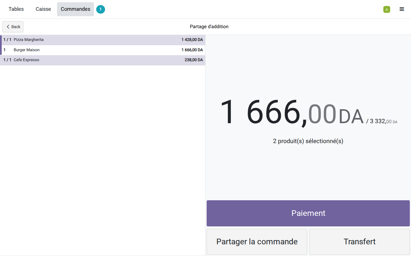 Écran Partage d'addition avec une pizza et un café sélectionnés pour 1666 DA sur un total de 3332 DA
