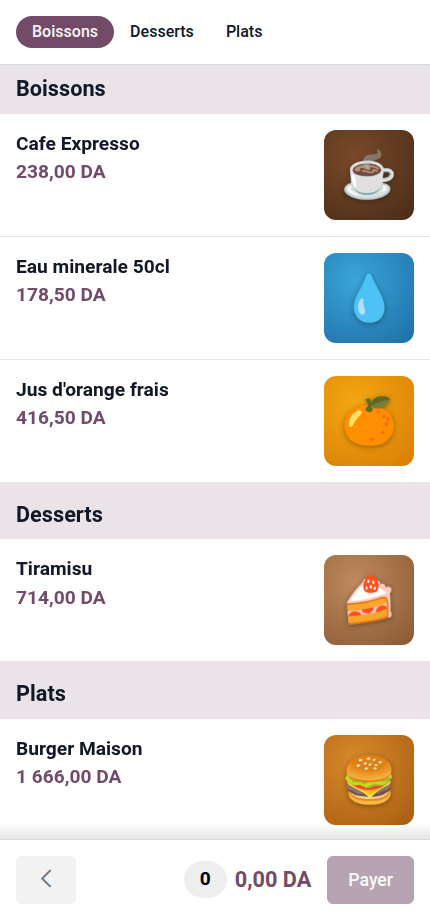 Interface mobile de commande en libre-service avec les catégories Boissons Desserts Plats, des produits avec photo et prix, et un bouton Payer