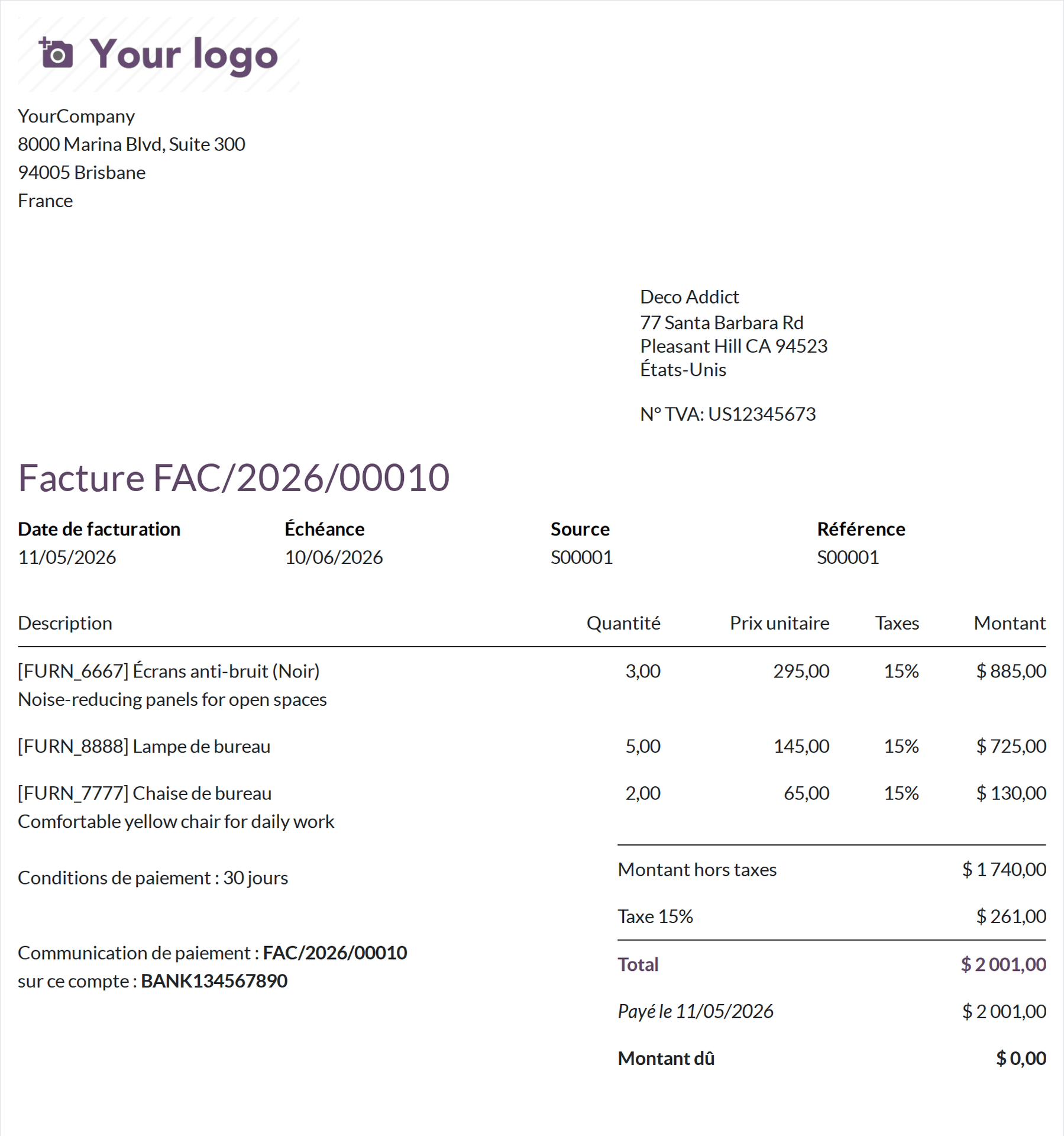 Facture PDF standard d'Odoo 19 avant personnalisation, sans bloc d'échéance ni coordonnées bancaires