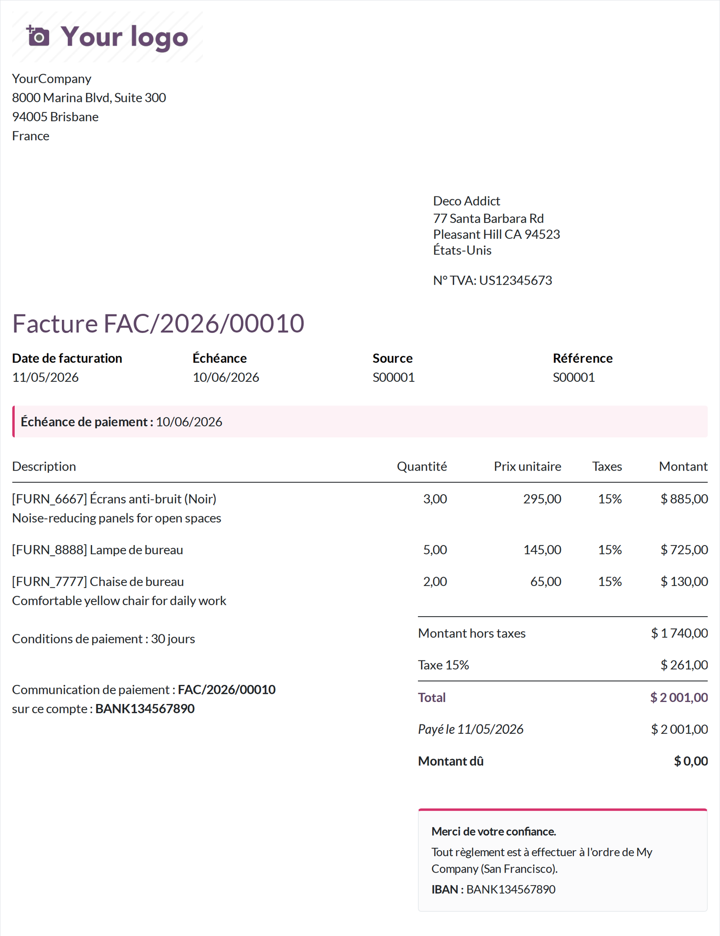 Même facture PDF après héritage QWeb : bandeau d'échéance de paiement et encadré coordonnées bancaires ajoutés