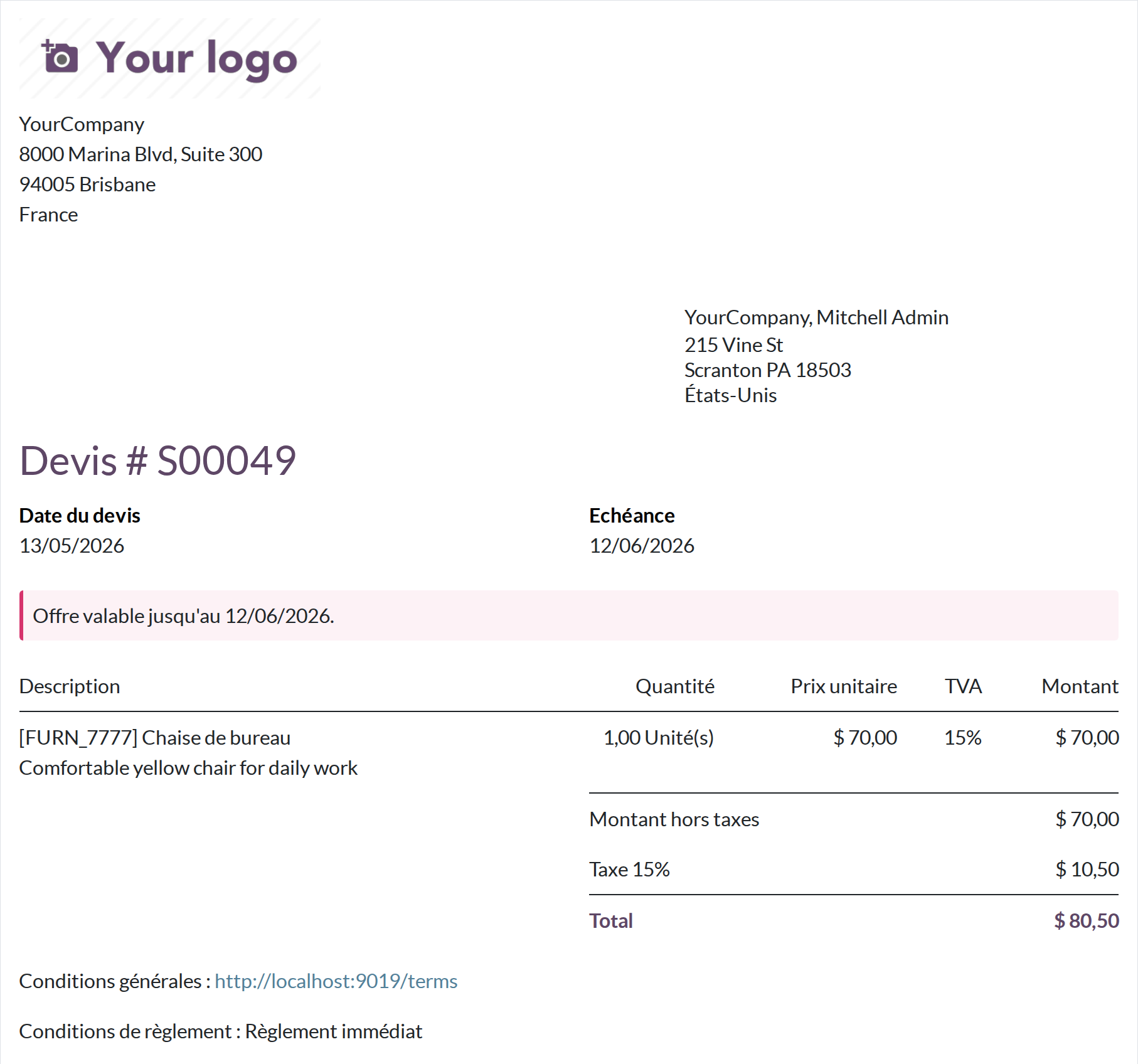 Devis PDF Odoo 19 avec rappel de validité de l'offre ajouté par héritage QWeb