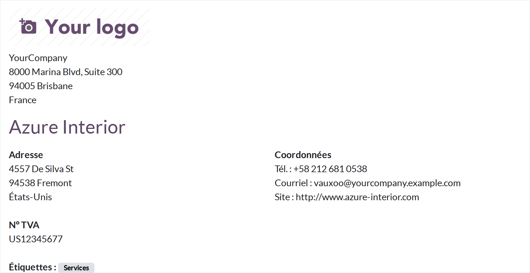 Fiche contact PDF générée par le rapport QWeb personnalisé dans Odoo 19, avec en-tête société, adresse, coordonnées et N° TVA