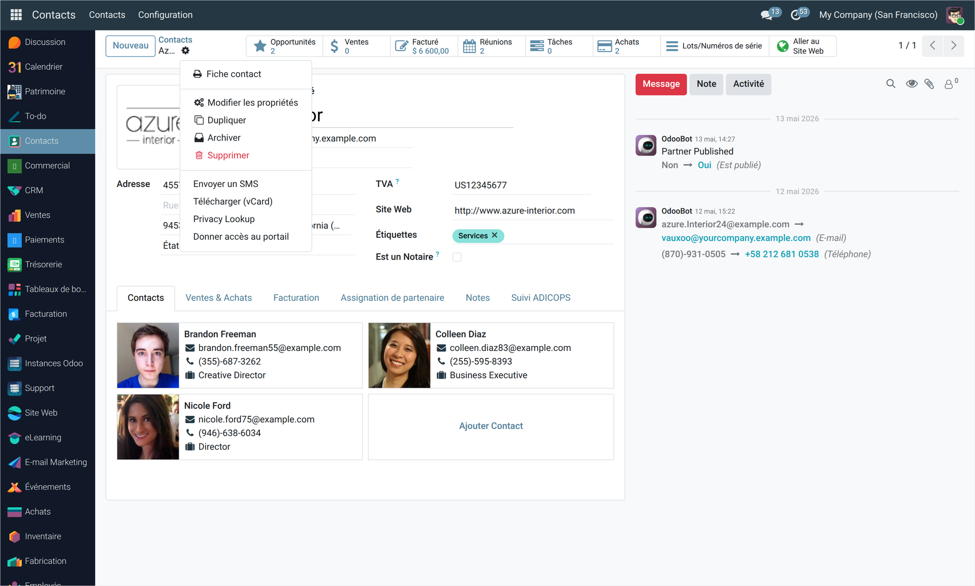 Menu d'actions d'un contact Odoo 19 affichant la nouvelle entrée d'impression Fiche contact