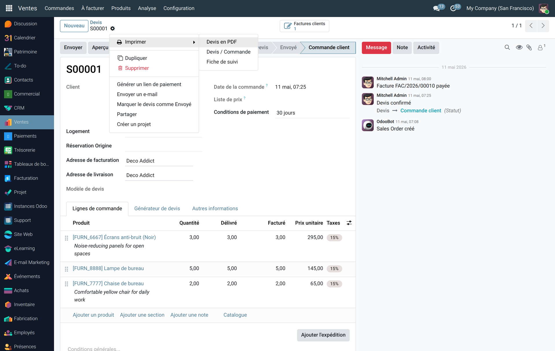Menu Imprimer d'une commande de vente Odoo 19 affichant la nouvelle sortie Fiche de suivi à côté des rapports natifs