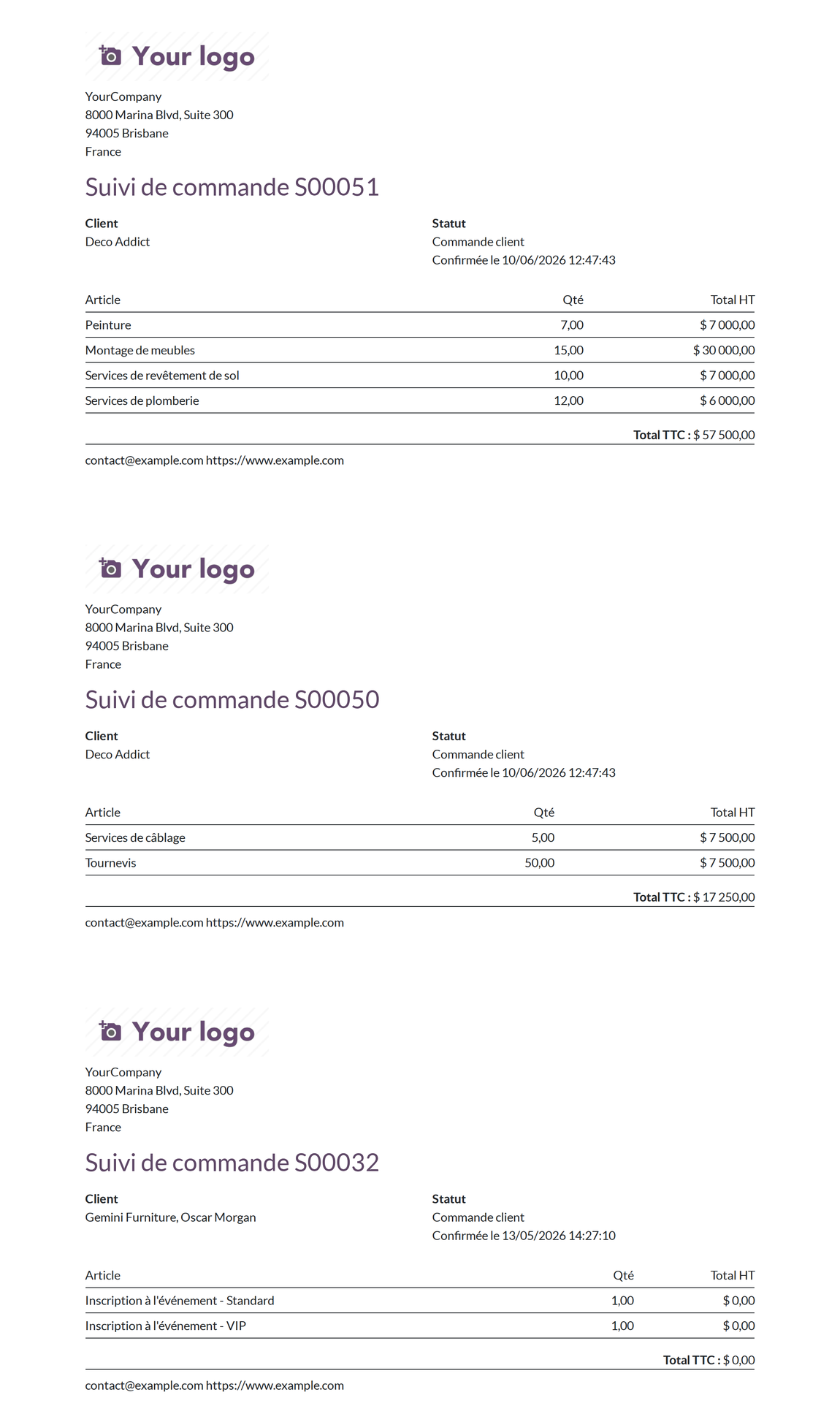 PDF unique généré par Odoo 19 contenant trois fiches de suivi de commande sur trois pages, chacune avec en-tête société, tableau d'articles et total