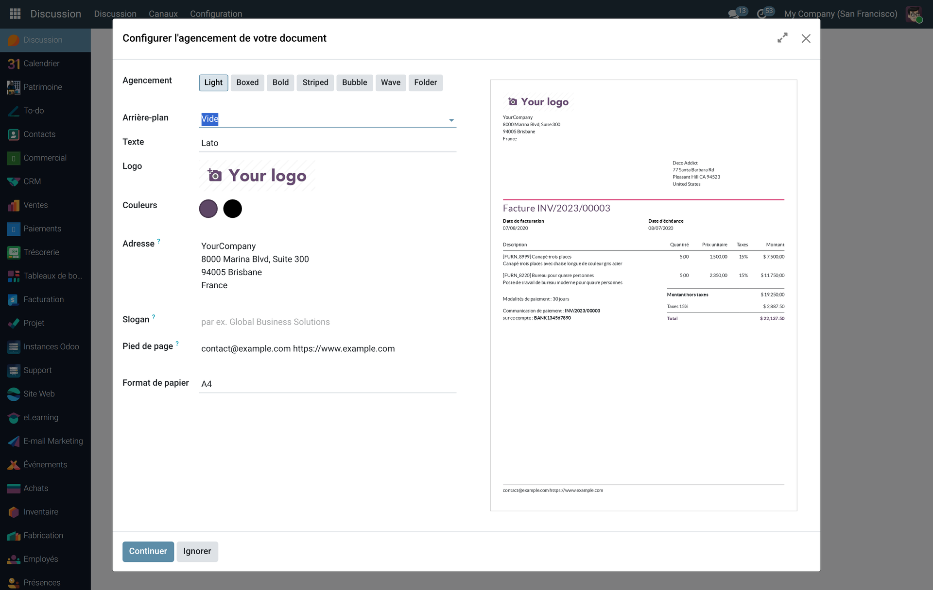 Assistant Configurer l'agencement du document dans Odoo 19 : choix du style, logo, couleurs de marque, police et pied de page, avec aperçu live à droite