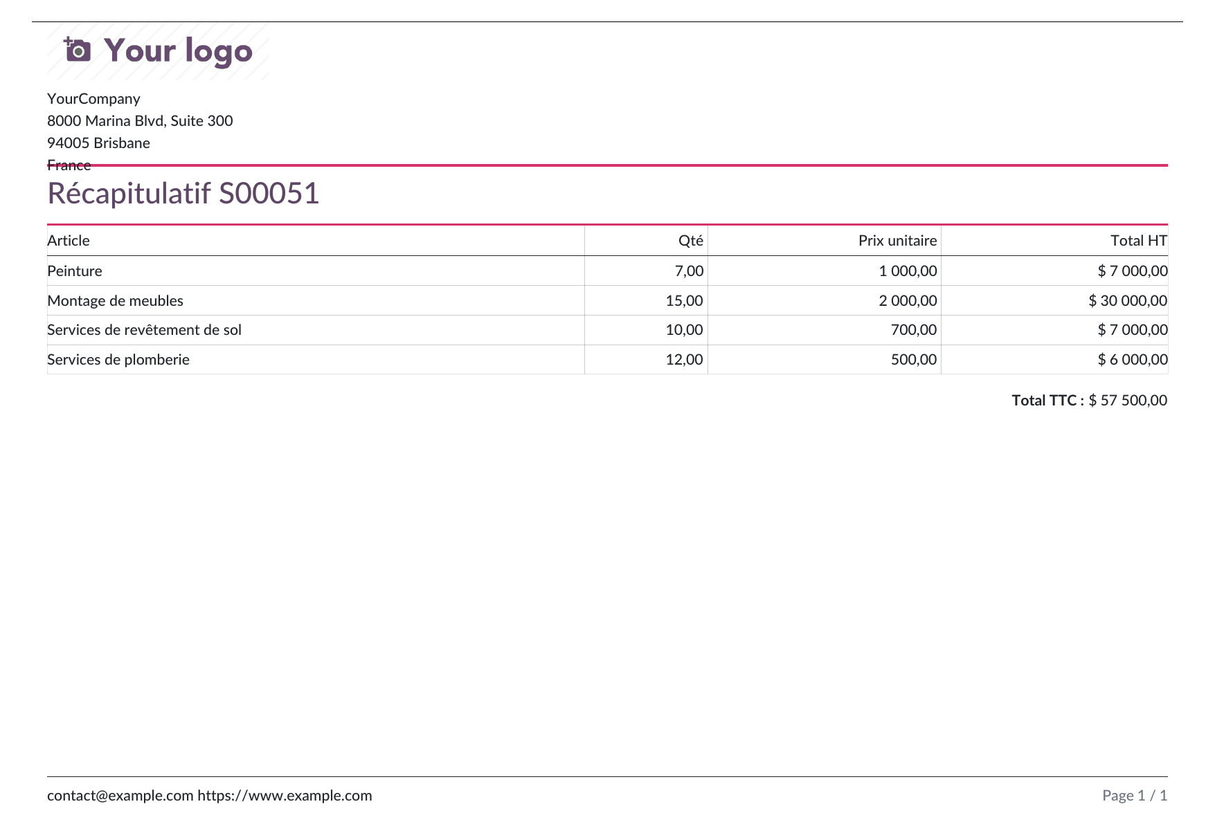 Rapport PDF Odoo 19 en orientation paysage avec logo société, filet d'accent crimson sous l'en-tête, titre Récapitulatif, tableau d'articles et pied de page paginé
