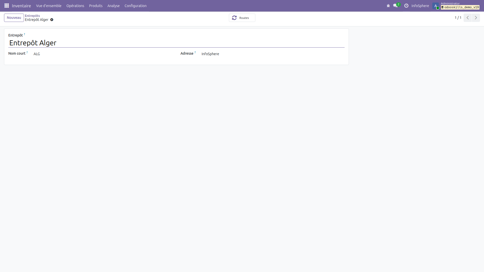 Formulaire Entrepôt Alger — code ALG, adresse InfoSphere
