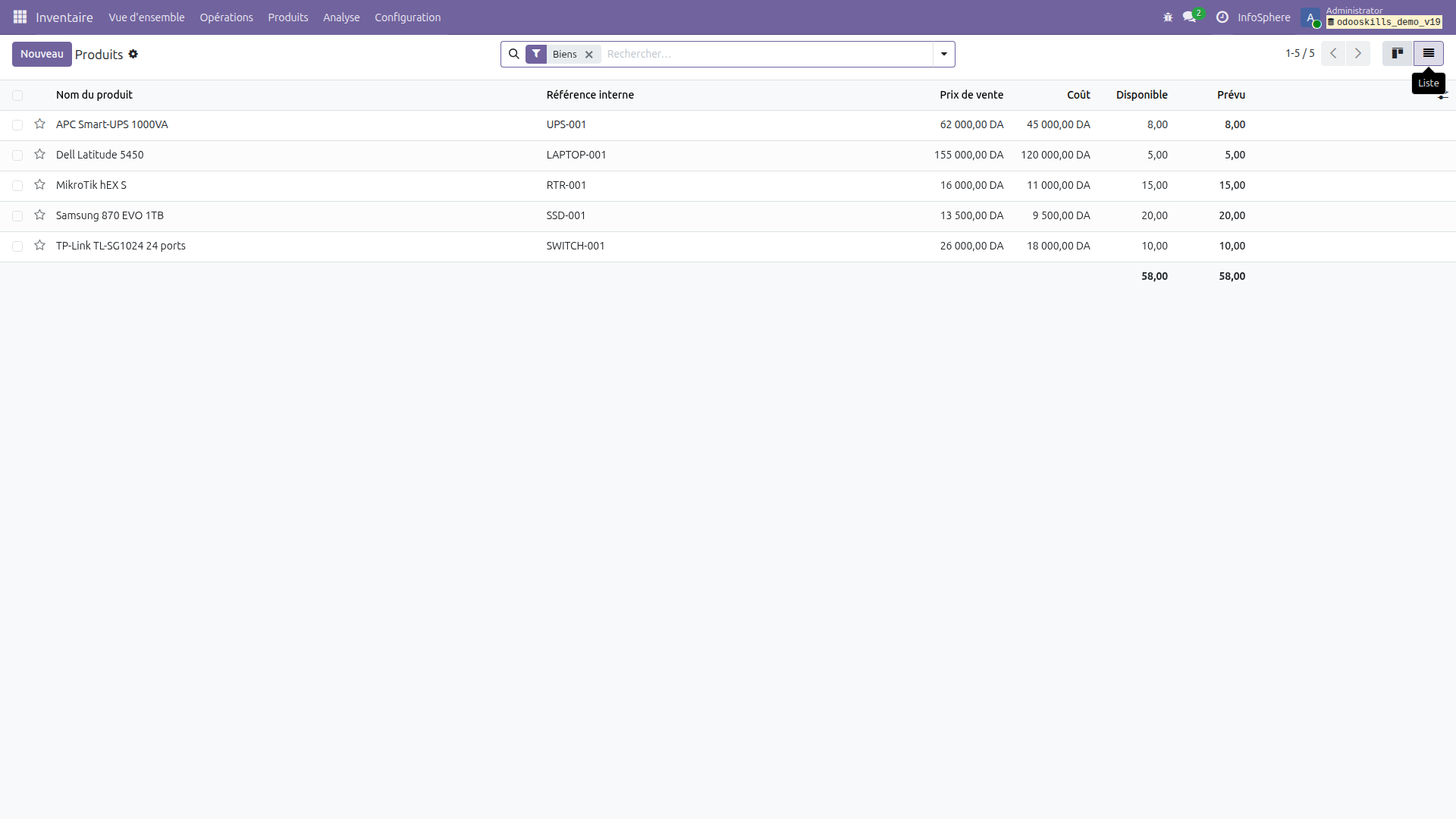 Liste des 5 produits InfoSphere avec prix DZD et stock