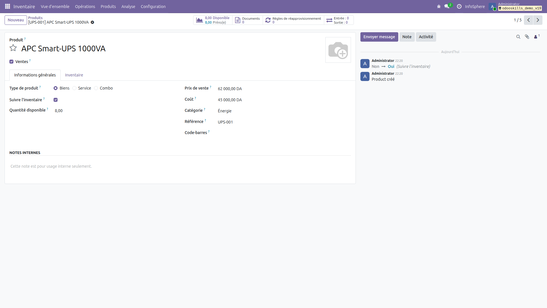 Fiche produit stockable Odoo 19 — type Biens, Suivre l'inventaire coché