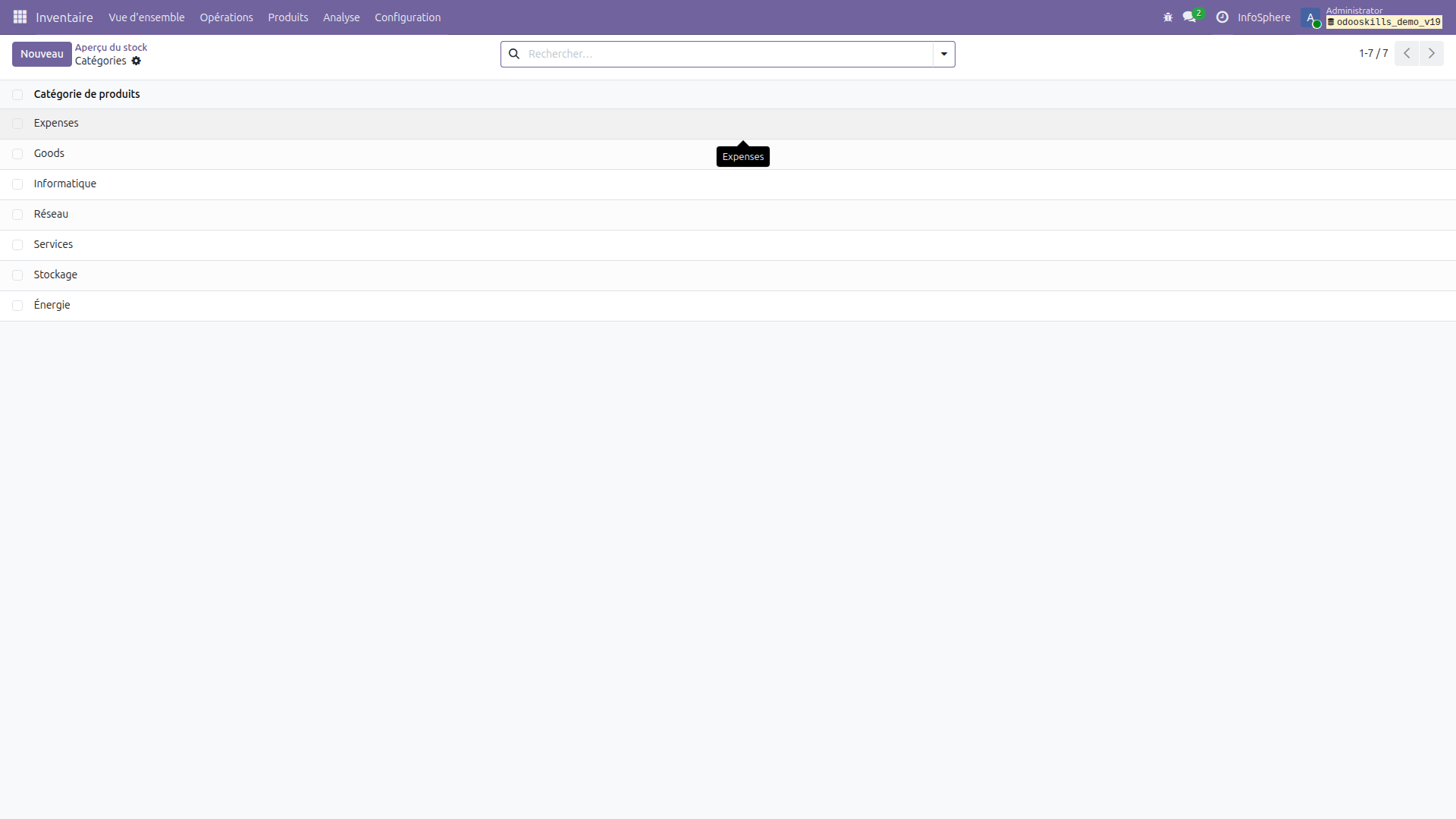 Catégories de produits Odoo 19