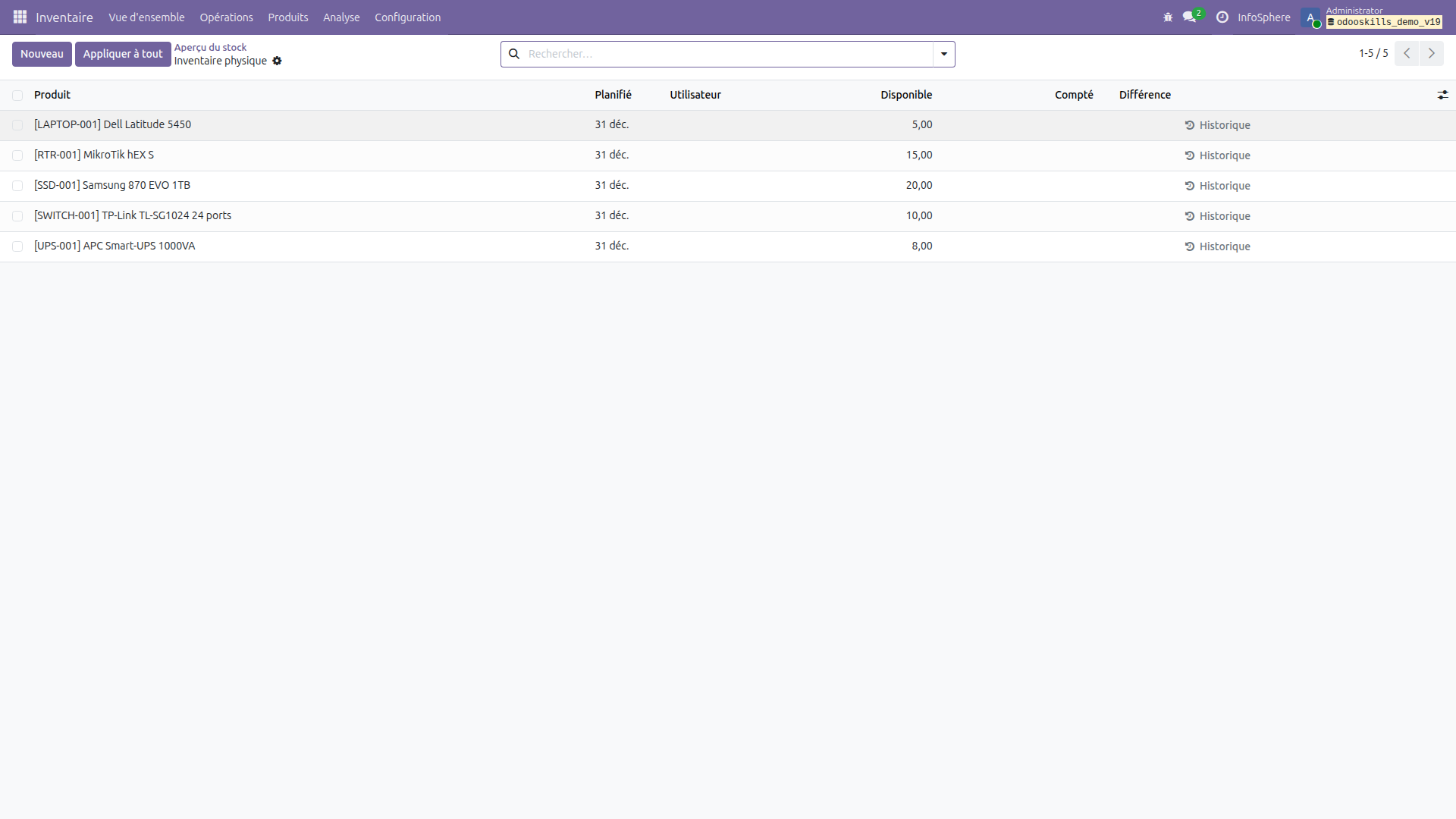 Inventaire physique Odoo 19 — 5 produits avec quantités