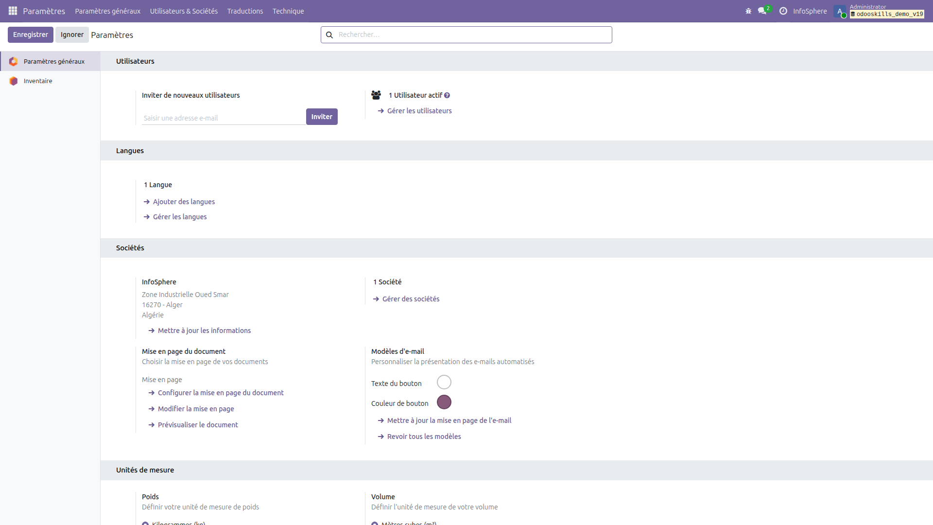 Activation des unités de mesure dans les paramètres Inventaire Odoo 19