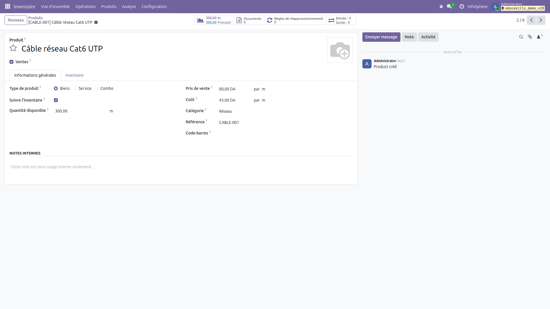 Fiche produit câble Cat6 avec UoM mètre dans Odoo 19